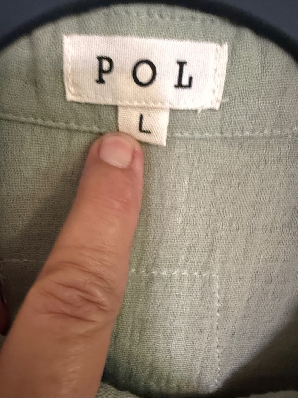 POL Olive Green Gauze Button-Front Shirt with Cream Knit Sleeves Sz L Oversized - Picture 2 of 4
